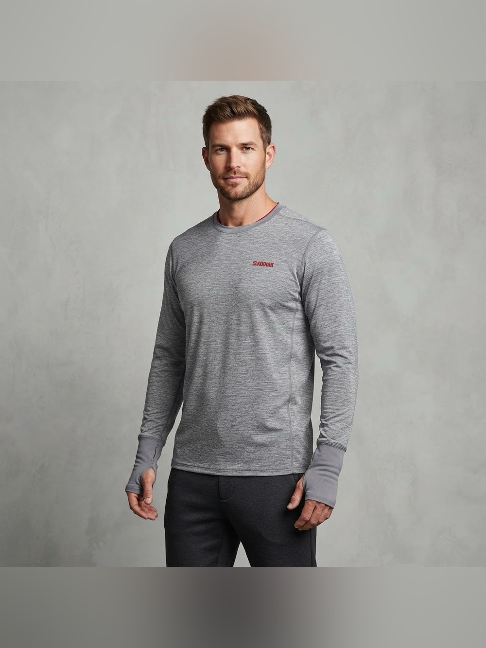 Kodiak Gray Melange Base Layer Long Sleeve Mens Thermal Top Thumb Holes Size L